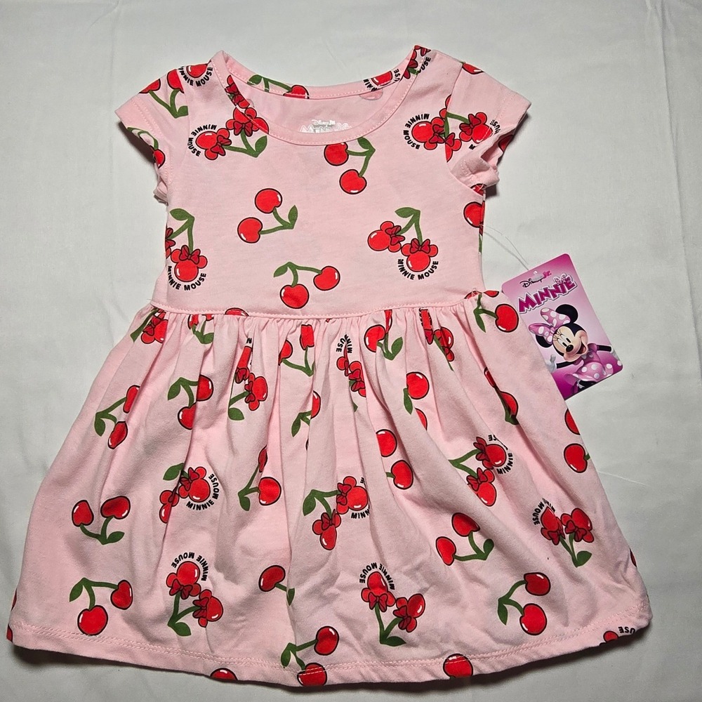 Disney Minnie Mouse 12M baby Girls Pink Cherry Print Short Sleeve Dress NWT‎